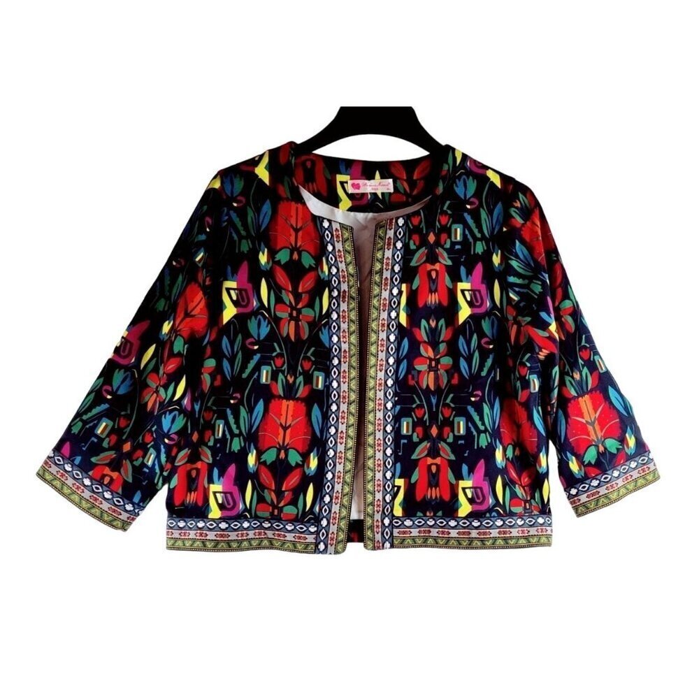 Southwestern Tribal Blazer Jacket XL Buenos Ninos 3/4 Sleeves Pockets Colorful